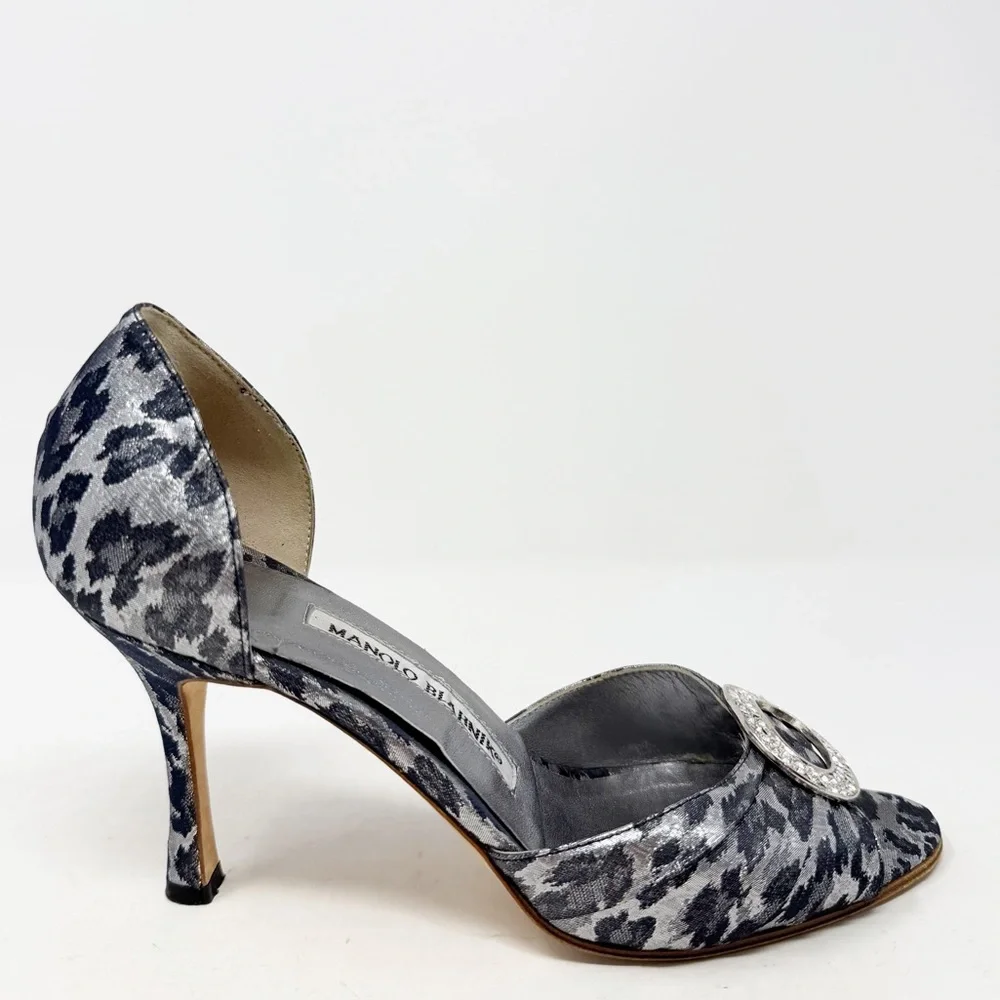 Manolo Blahnik Sedaraby Crystal Buckle Leopard Print D’Orsay Heels Women EU 36.5